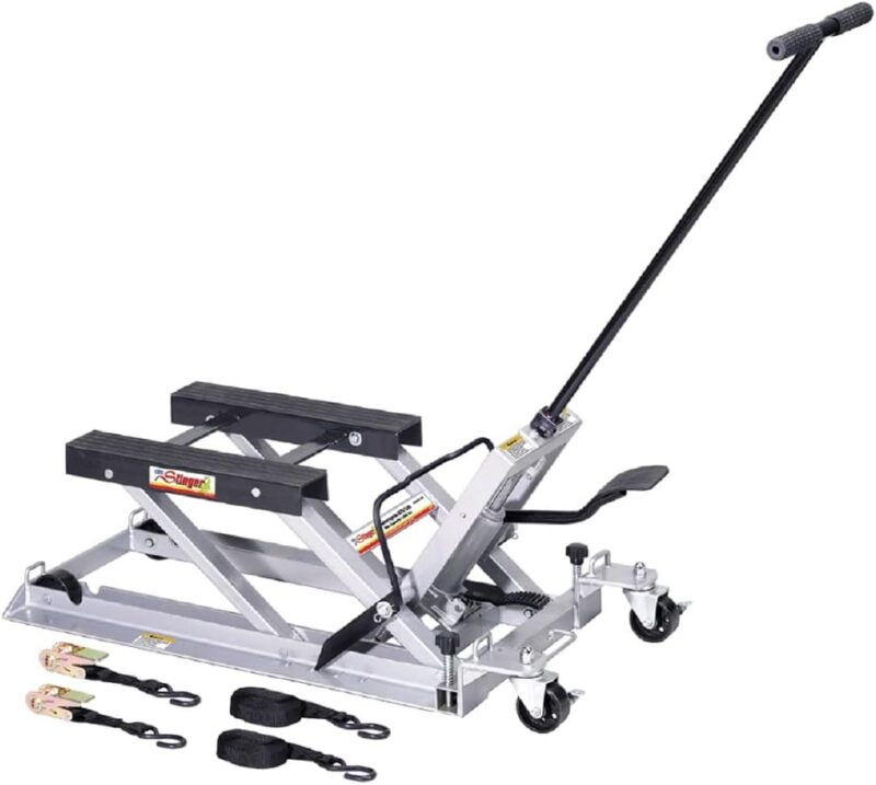 OTC 1545 Ultra Low Profile Motorcycle & ATV Lift – 1,500 lb (680 kg) Capacity, 3.5" Min Height, 17" Skids, Foot Pedal & Tie-Down Straps