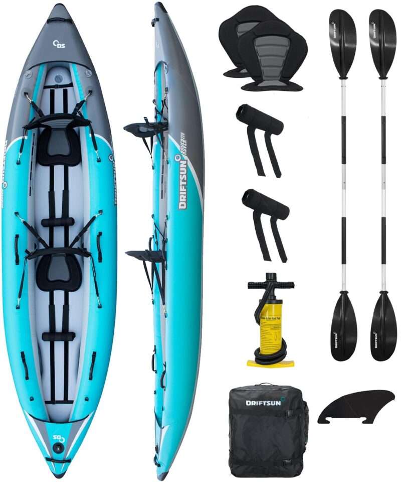 Driftsun Rover Inflatable White Water Kayak – 1 & 2 Person, High-Pressure Floor, EVA Padded Seats, Action Cam Mount, Aluminum Paddles & Pump