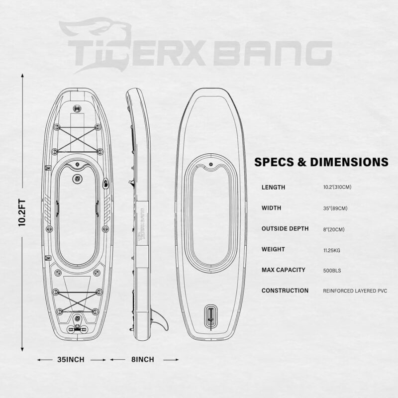 TIGERXBANG 10.2′×35″ Inflatable SUP-Kayak Boat – 500 lb Capacity, Fishing & Touring Set with Oar, Pump, Backpack - Image 3