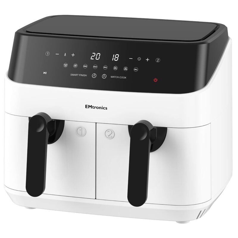 EMtronics EMAFDD9LSL Dual Air Fryer 9L - Double XL Basket, 8 Cooking Presets, 99-Min Timer, Stainless Steel, Oil-Free Healthy Cooking - Image 3