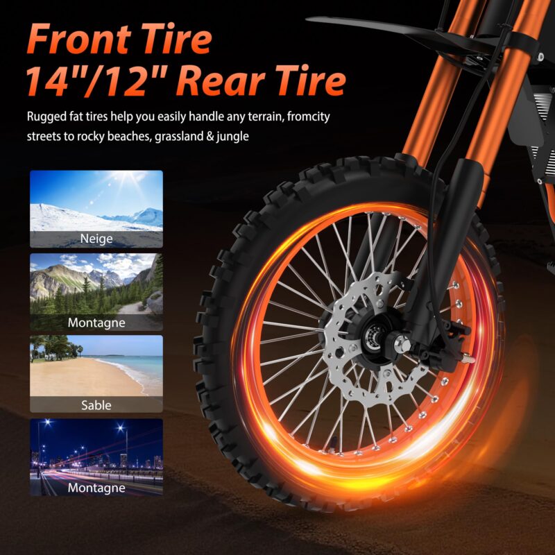 Soleil 01 2000 W Electric Dirt Bike – 14″ / 12″ Fat-Tyre, 48 V 21 Ah Battery, 37 mph / 60 km h⁻¹, Dual Suspension - Image 4