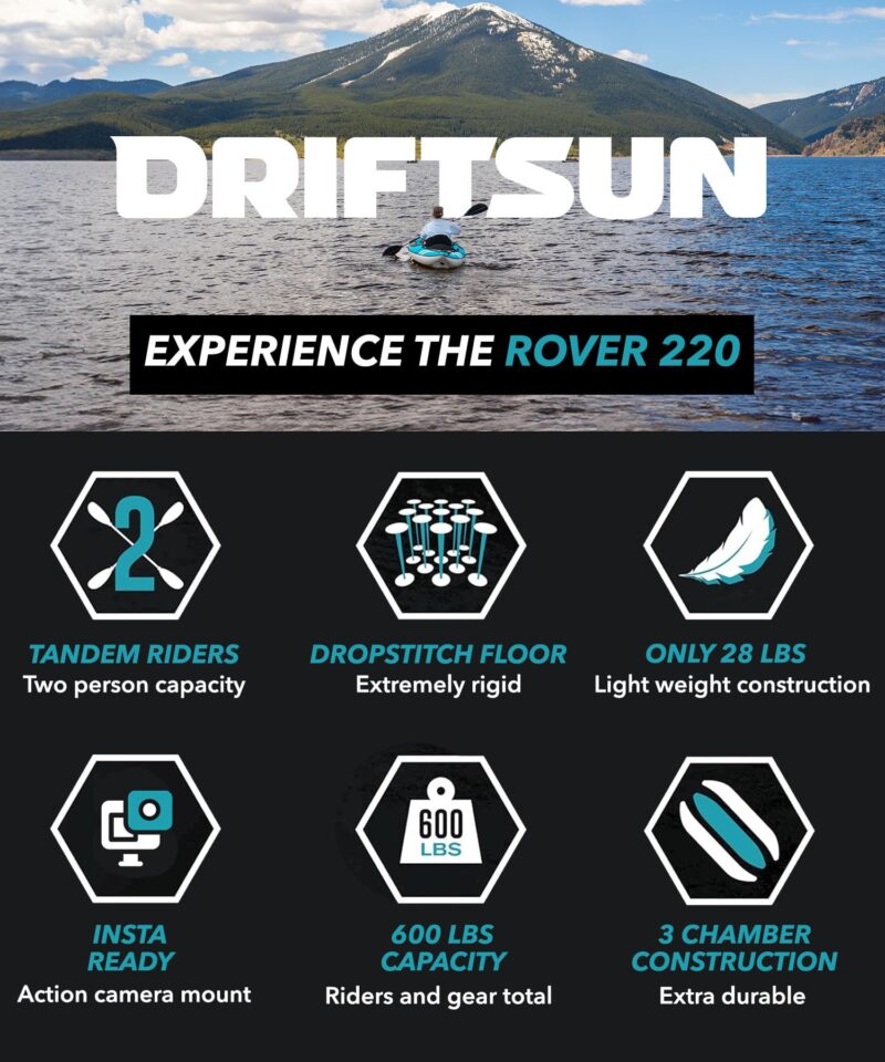 Driftsun Rover Inflatable White Water Kayak – 1 & 2 Person, High-Pressure Floor, EVA Padded Seats, Action Cam Mount, Aluminum Paddles & Pump - Image 4